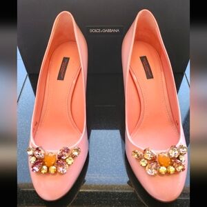 DOLCE GABBANA JEWELED PINK PATENT LEATHER LOW HEEL PUMP Size 40 & Original Box